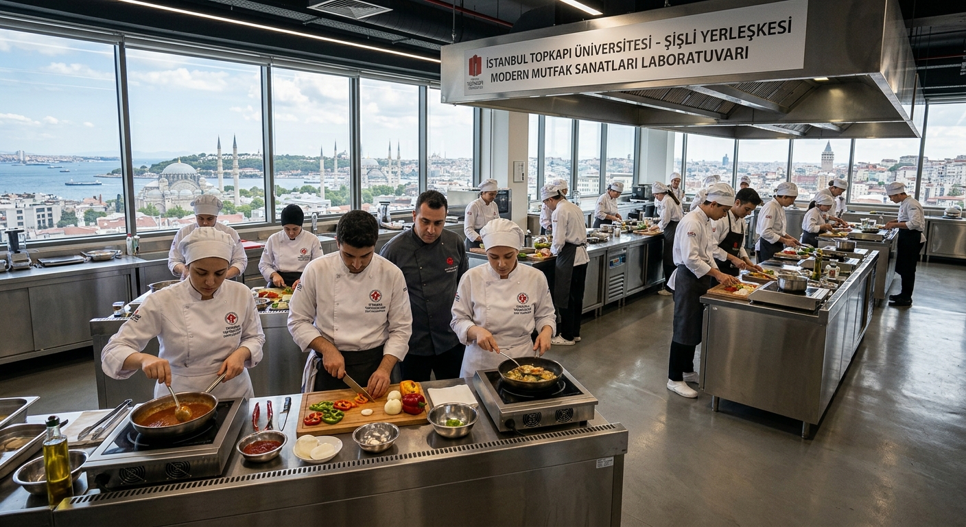 Modern culinary arts kitchen laboratory at Istanbul Topkapı University Şişli Campus, students in white chef uniforms practicing cooking techniques at professional stainless steel workstations, Istanbul cityscape visible through large windows