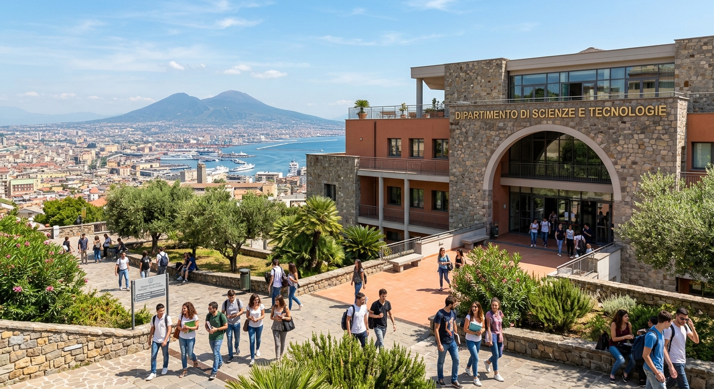 Modern university campus in Naples Italy with Mediterranean architecture, students walking near the Department of Science and Technology building, blue sky and coastal city backdrop with Mount Vesuvius in the distance