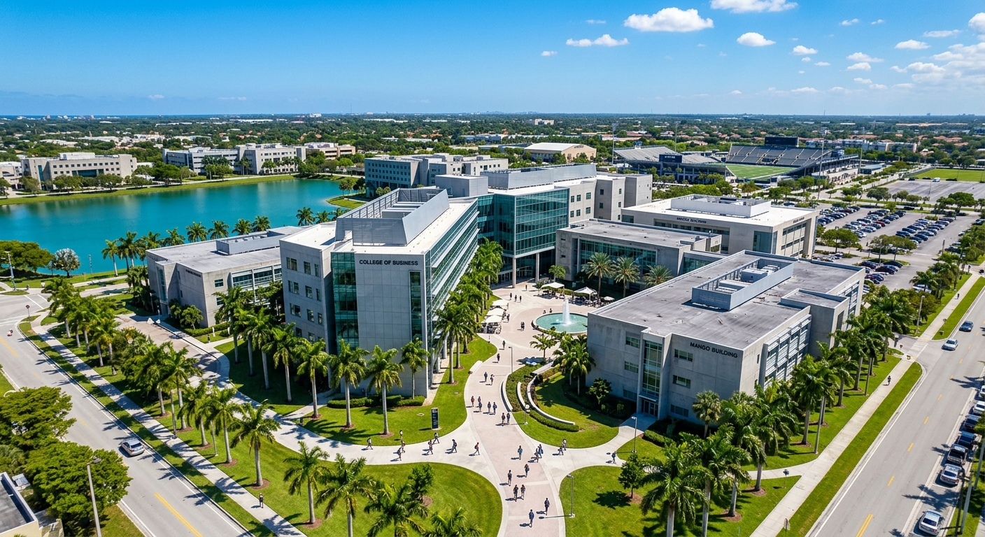 Aerial view of Florida International University campus in Miami with modern business college buildings, palm trees, and sunny blue skies, students walking along pathways near the College of Business