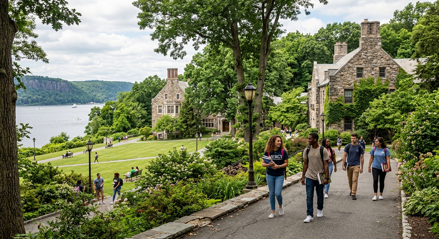 Mercy University campus in Dobbs Ferry, New York, featuring historic stone buildings surrounded by lush green trees along the Hudson River, students walking on tree-lined pathways with books and backpacks