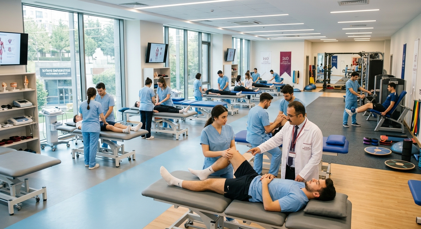 Modern sports rehabilitation laboratory at Istinye University Istanbul campus, physiotherapy equipment, athletic training area with treatment tables, bright clinical environment with students practicing sports injury assessment techniques
