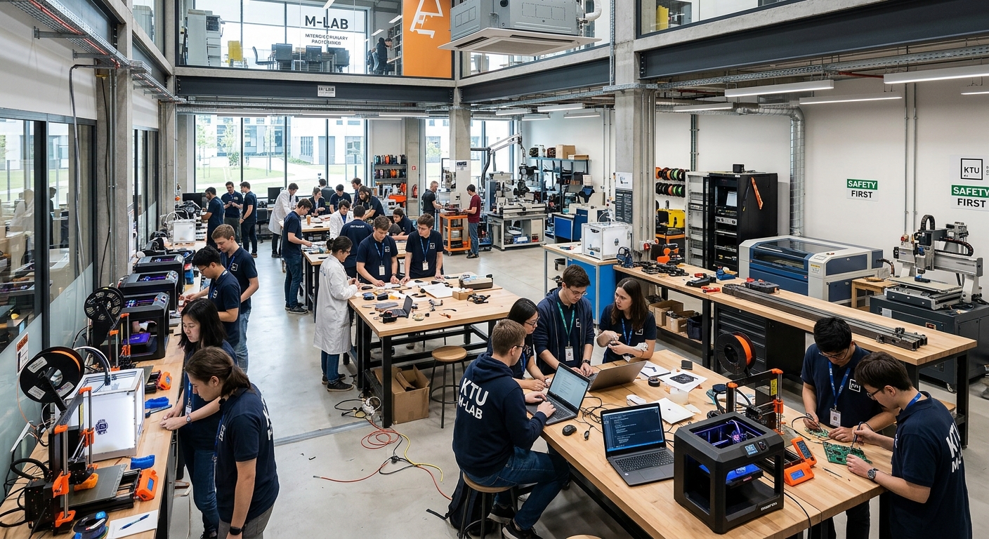 KTU M-Lab Interdisciplinary Prototyping Centre interior, open collaborative workspace, 3D printers and engineering equipment, students working on projects