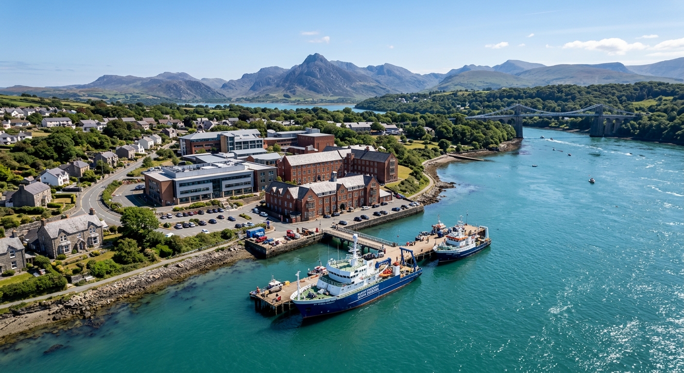 Aerial view of Bangor University School of Ocean Sciences on the Menai Strait coastline in North Wales, with research vessels docked nearby, turquoise coastal waters, and the mountains of Snowdonia in the background under a clear sky