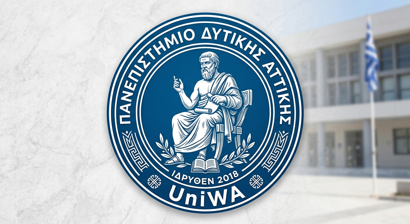 University of West Attica official logo featuring the ancient philosopher Plato emblem, blue and white color scheme, UniWA acronym