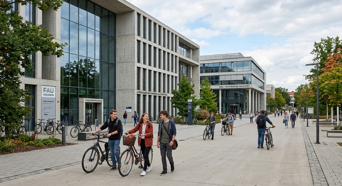 FAU South Campus Erlangen modern engineering and science buildings, concrete and glass architecture, wide walkways, students with bicycles