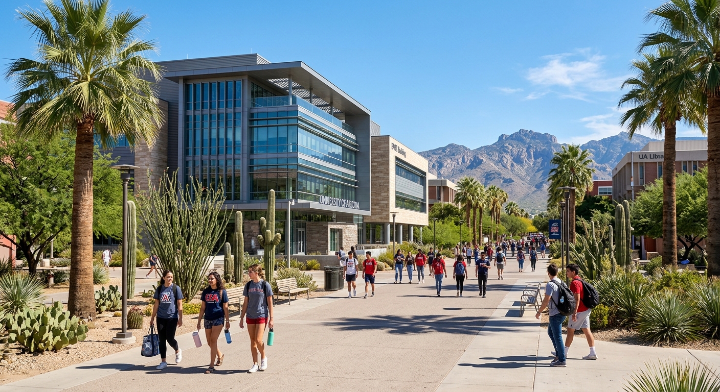 University of Arizona campus in Tucson with desert landscape, modern academic buildings, palm trees, and students walking along sunlit pathways under clear blue skies