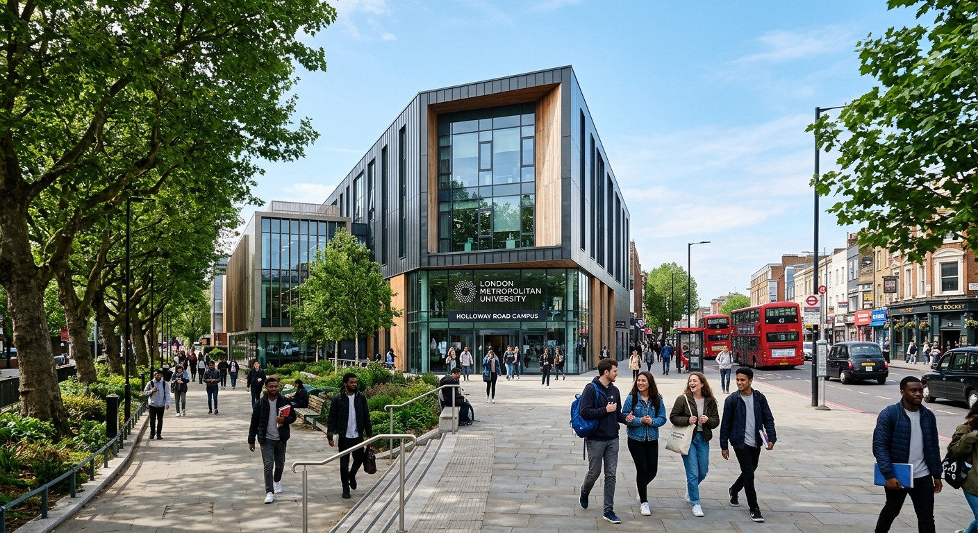 London Metropolitan University Holloway Road campus building exterior with modern architecture, students walking on tree-lined pathway, urban London setting with clear sky
