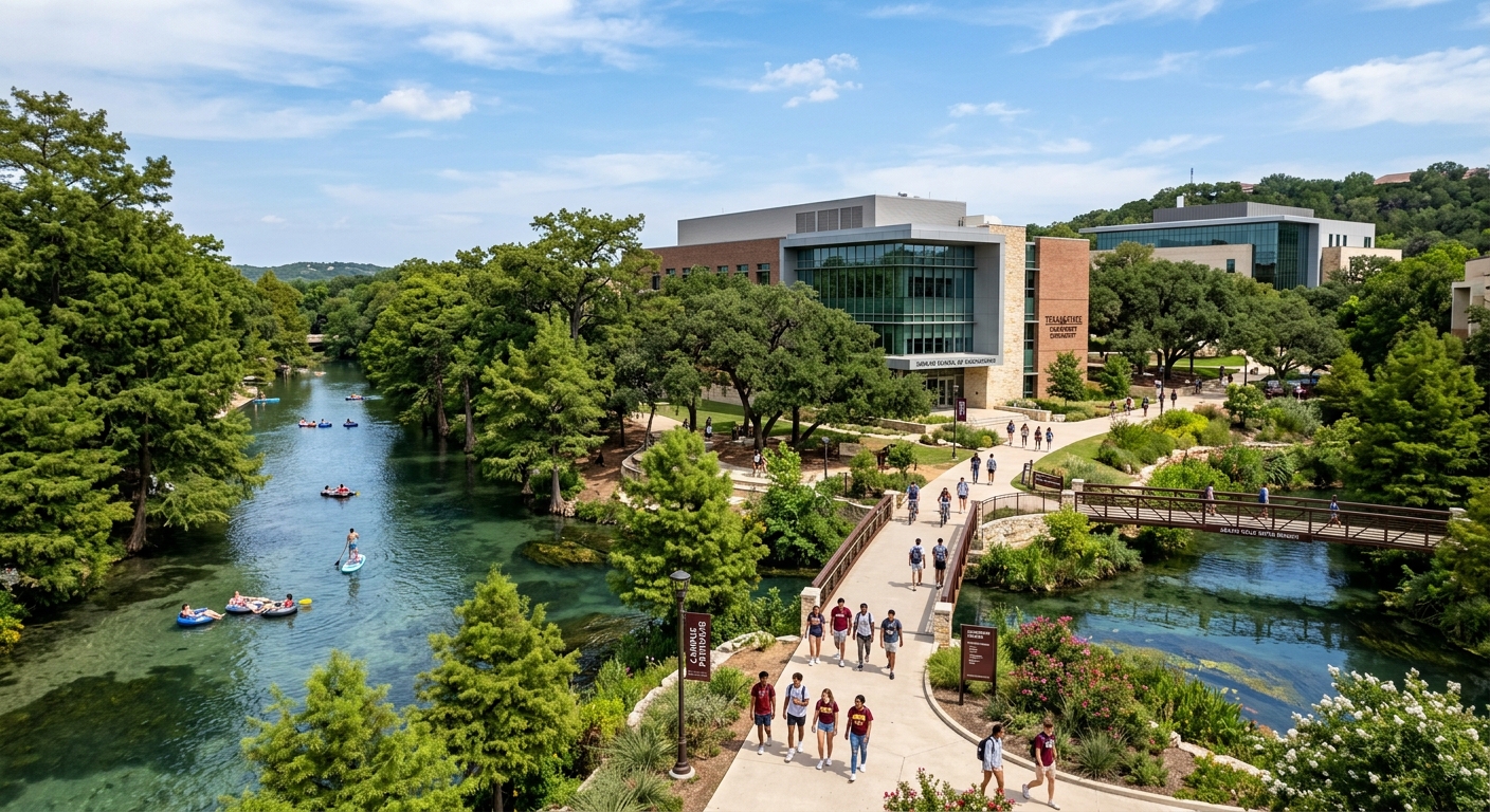 Texas State University campus in San Marcos with the San Marcos River flowing through lush green grounds, modern academic buildings surrounded by trees, students walking along pathways under a bright blue Texas sky