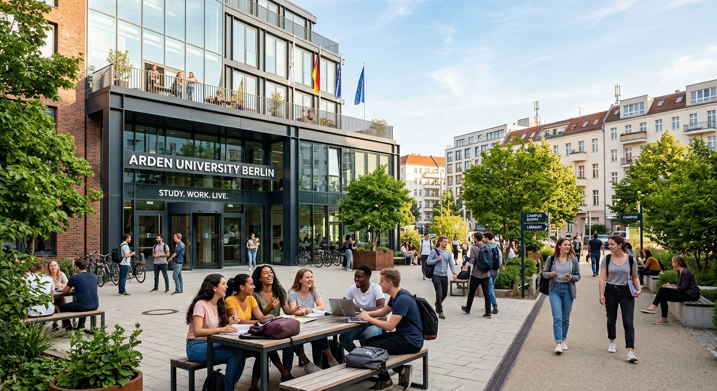 Arden University Berlin campus, modern European university building, students socialising outside, trees and urban architecture, bright European daylight