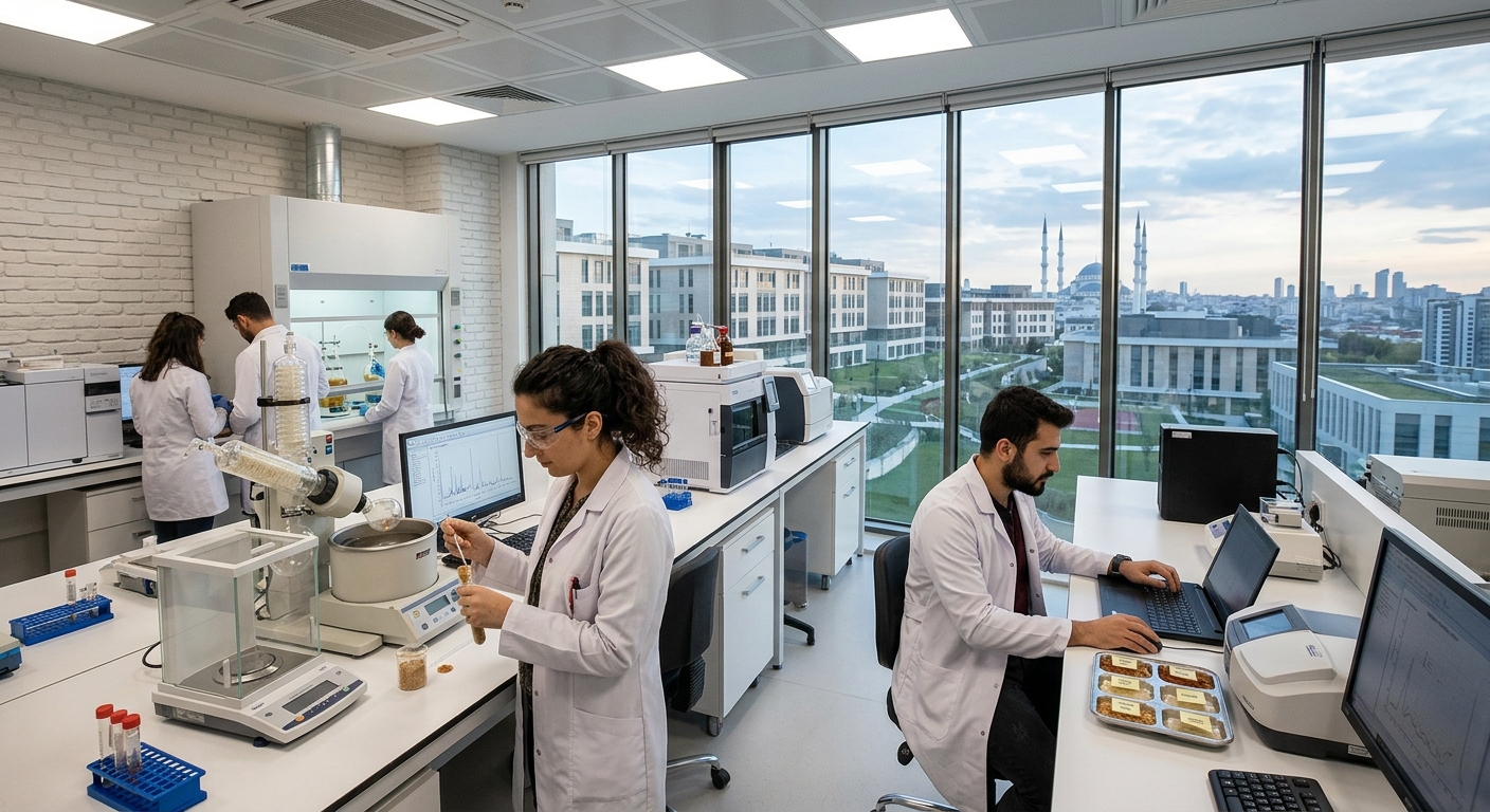 Modern health sciences campus at Istinye University Istanbul, research laboratory with nutrition science equipment, doctoral students conducting dietary analysis experiments, bright clinical setting with Turkish architectural elements visible through windows