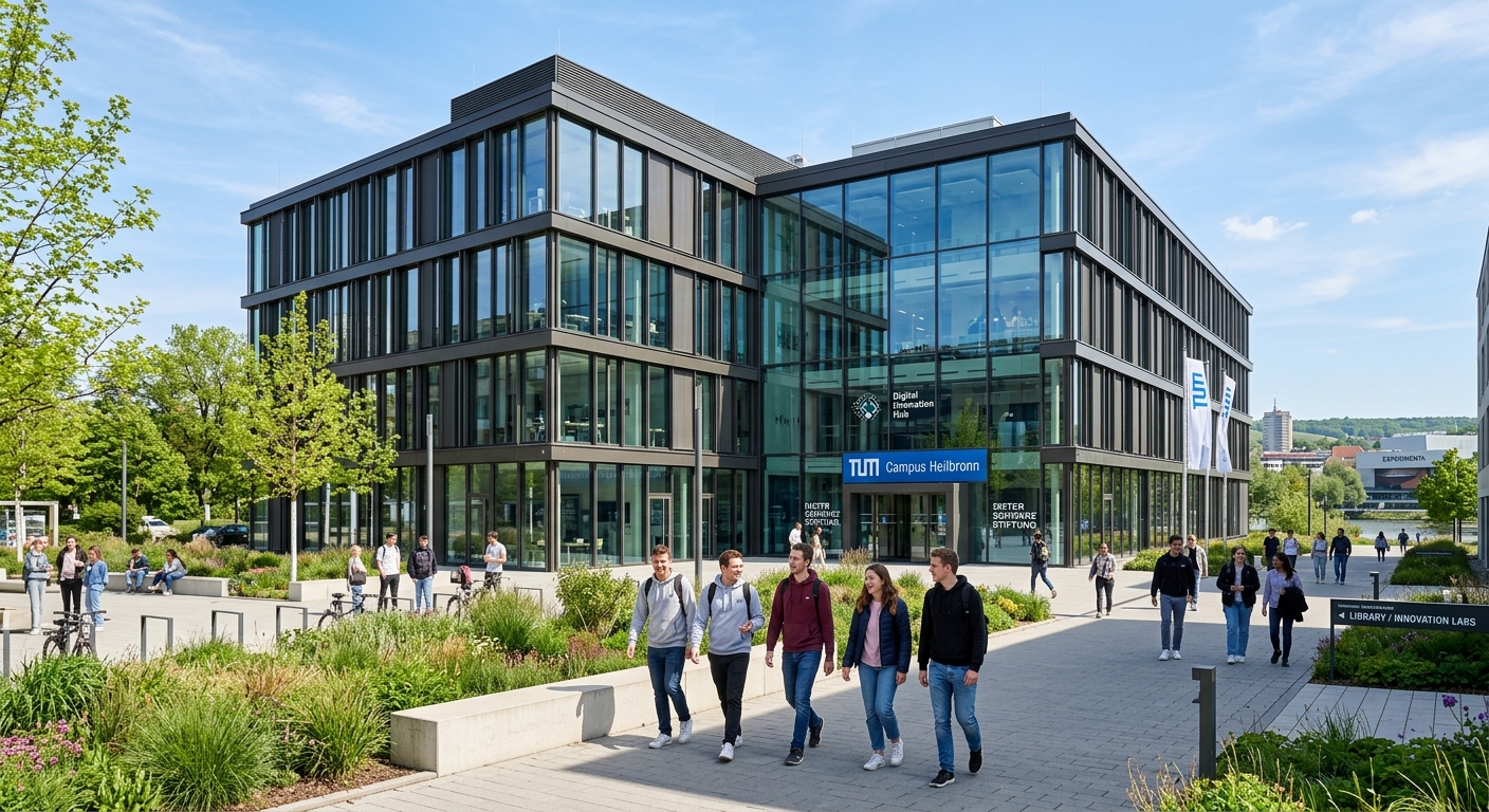 Modern TUM Campus Heilbronn building exterior with glass facades, students walking on a sunny day, green landscaping, and a digital innovation hub atmosphere in the Heilbronn-Franken region of Germany