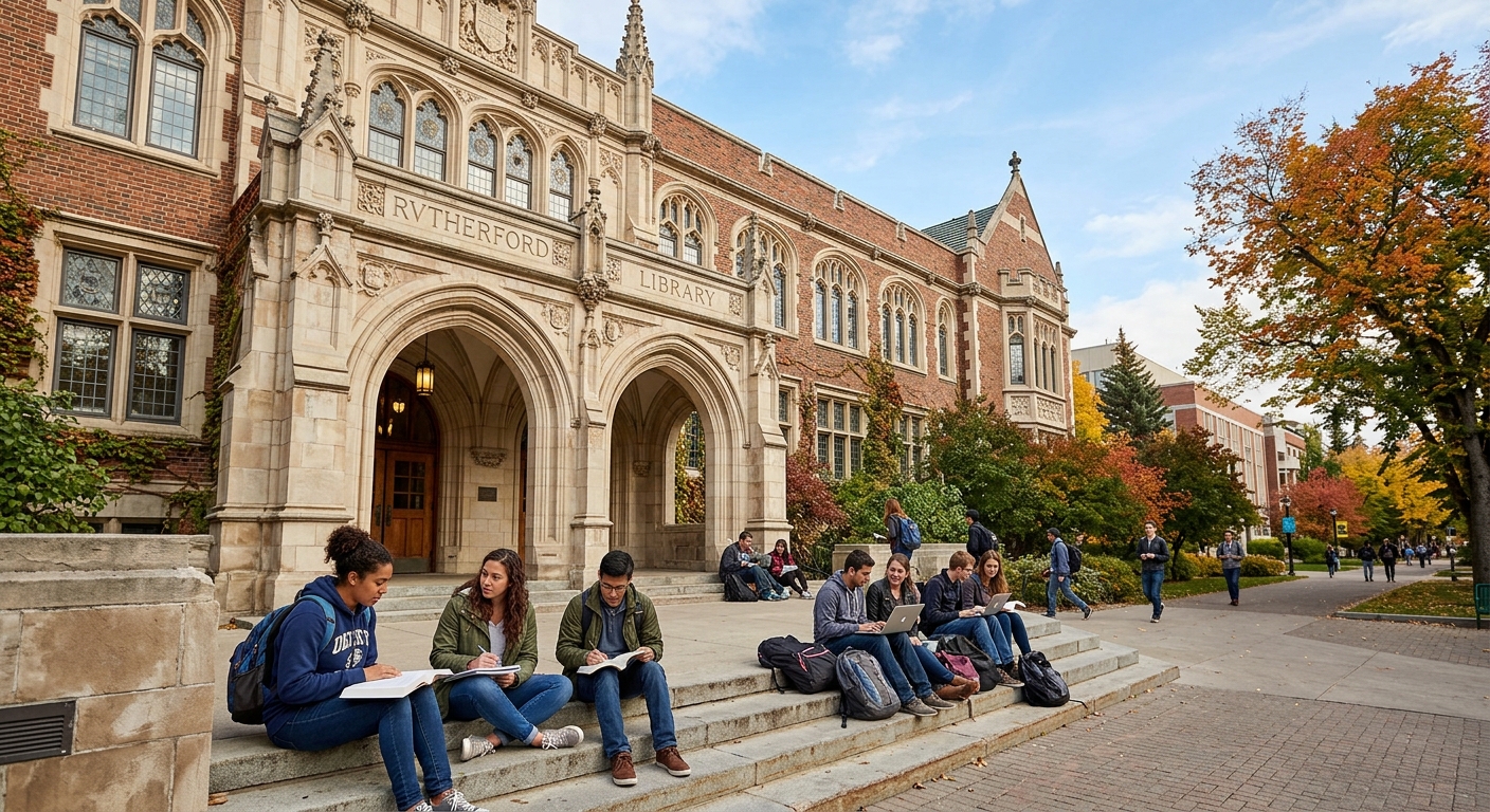 University of Alberta Rutherford Library exterior, classic collegiate architecture with stone facade, arched windows, and students studying on front steps