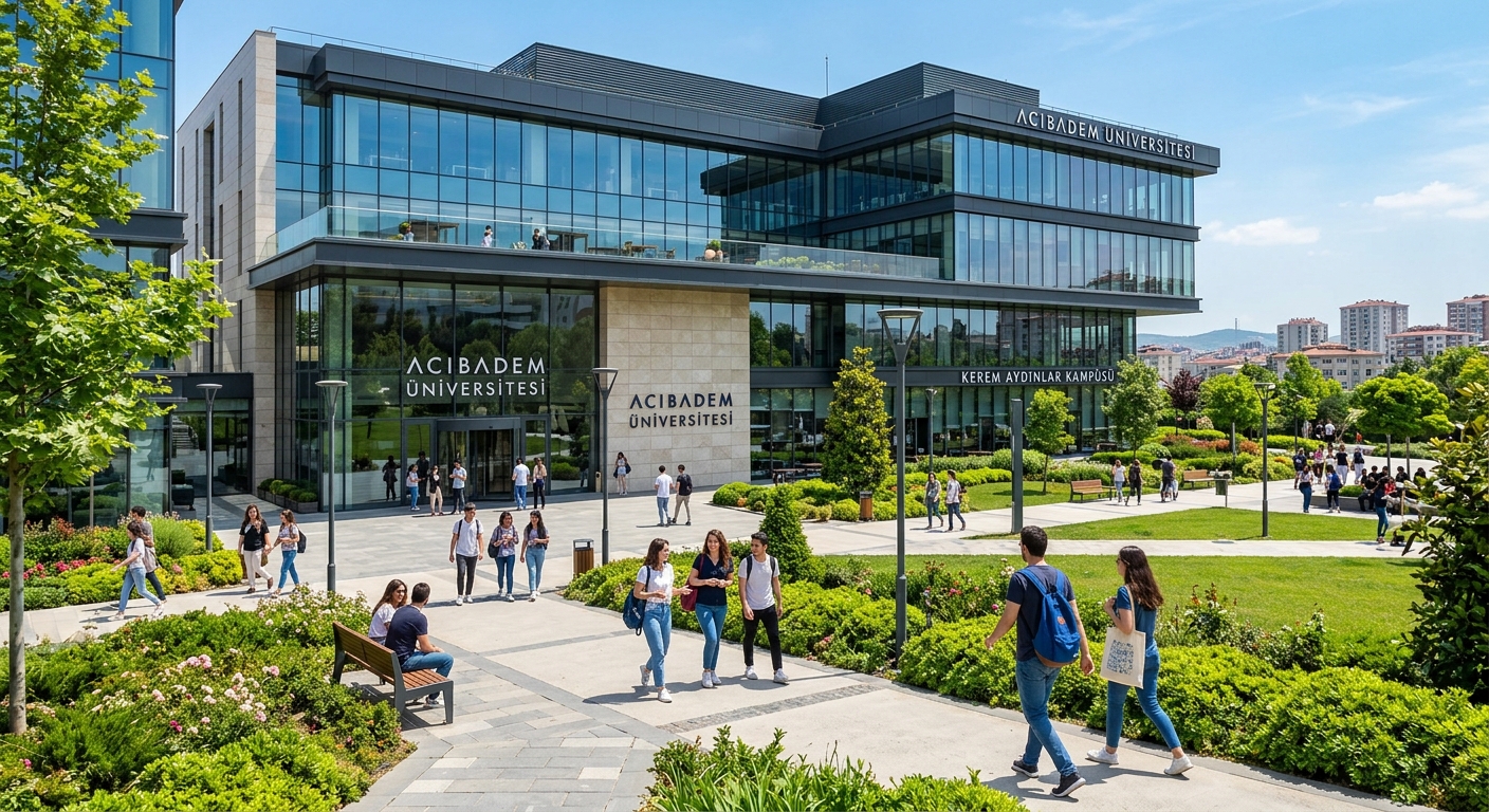 Modern Acıbadem University campus building on the Asian side of Istanbul with green landscaping, students walking along pathways, contemporary architecture with glass facades, sunny day