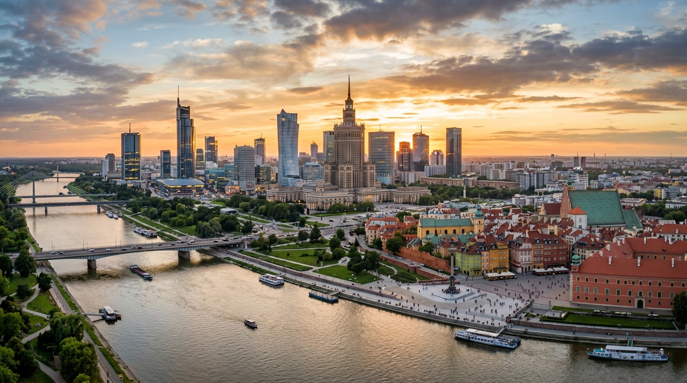 Warsaw city skyline panorama, modern glass skyscrapers alongside historic Old Town, Vistula River in foreground, Palace of Culture and Science tower, golden sunset light, green parks visible
