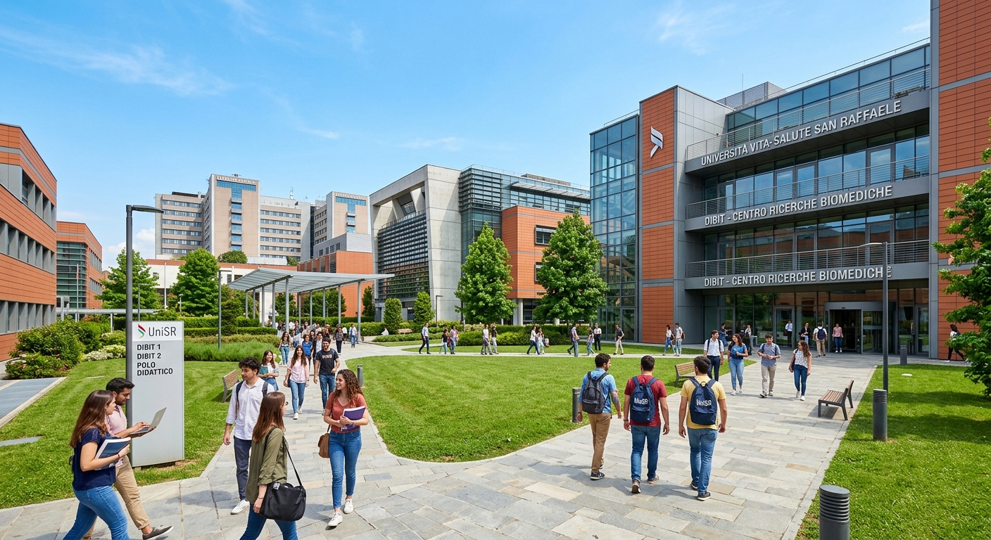 Modern university campus of Vita-Salute San Raffaele University in Milan, Italy, with contemporary architecture, green courtyards, and students walking near the biomedical research buildings under a clear blue sky