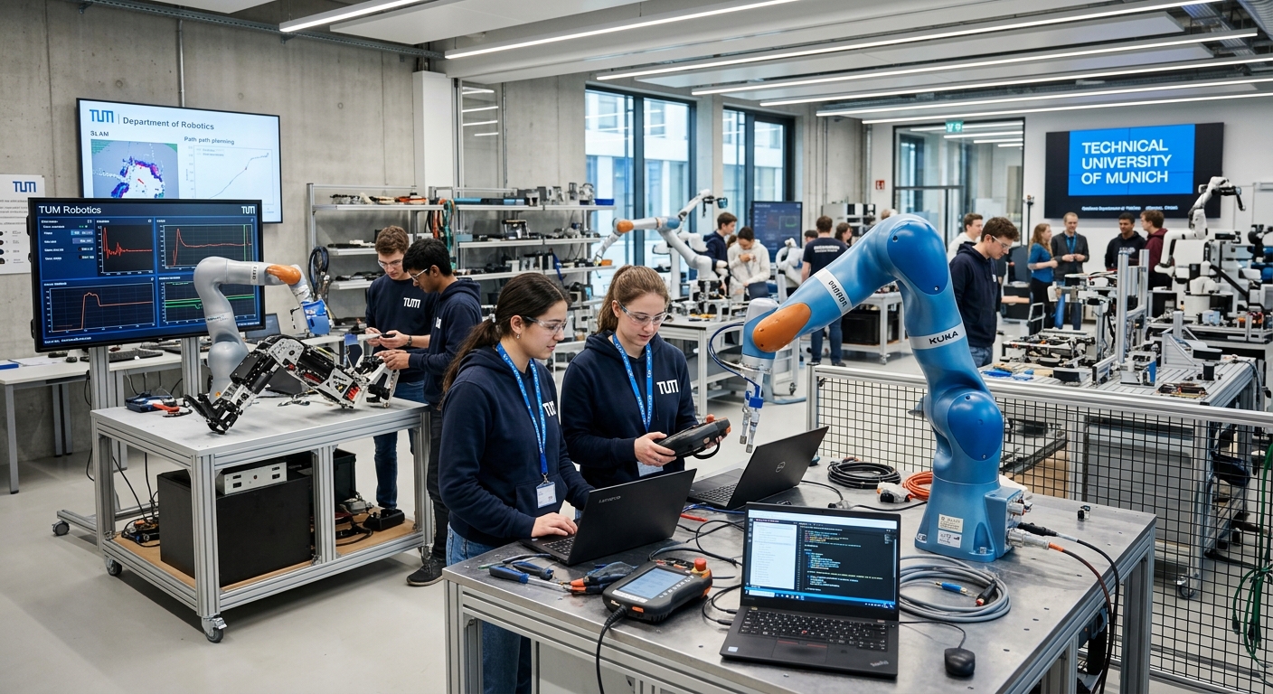 Modern robotics laboratory at Technical University of Munich with students programming industrial robot arms, mechatronic prototypes on workbenches, and digital screens displaying control systems, bright LED lighting and TUM branding visible