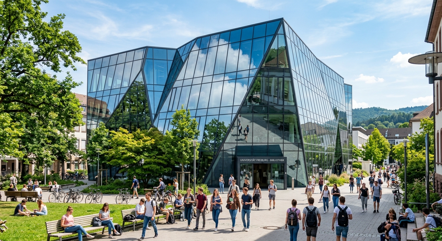 Modern University Library of Freiburg with striking geometric glass facade, reflecting sunlight, surrounded by green plaza and students