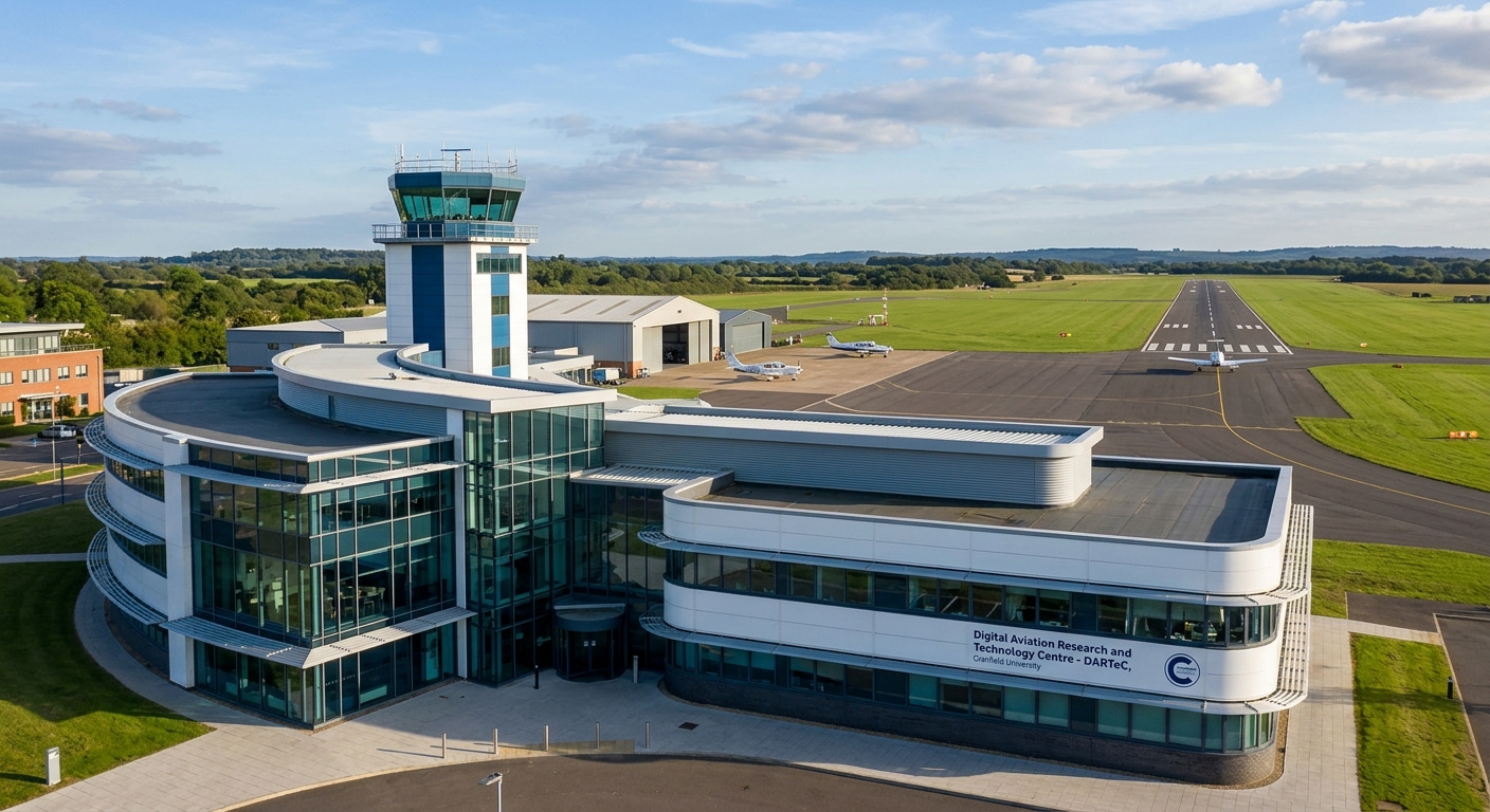 Cranfield University Digital Aviation Research and Technology Centre DARTeC building with control tower and runway in background