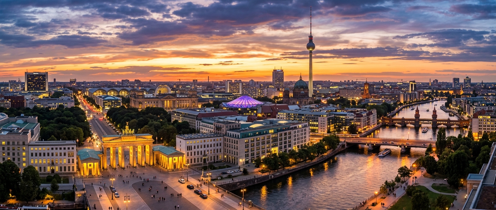 Panoramic view of Berlin skyline at sunset, Brandenburg Gate illuminated in golden light, Fernsehturm TV Tower in the background, Spree River reflecting city lights, modern and historic architecture blending together