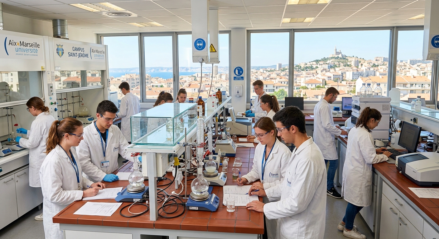 Modern chemistry laboratory at Aix-Marseille University campus Saint-Jérôme, students in lab coats conducting experiments with glassware and analytical instruments, Mediterranean sunlight streaming through windows, Marseille cityscape visible in background