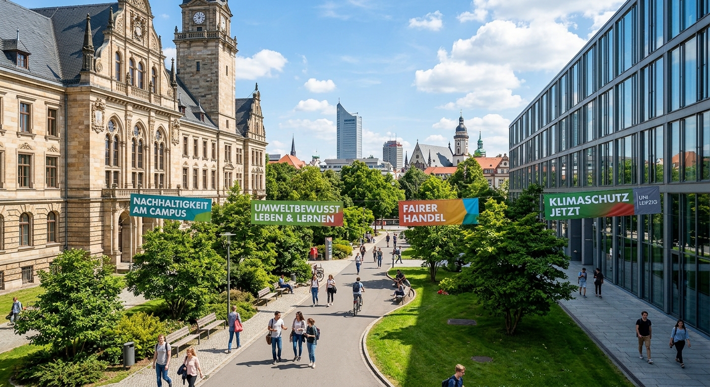 University of Leipzig historic campus building with green courtyard, students walking between modern and classical architecture, sustainability-themed banners, Leipzig cityscape in background with trees and blue sky
