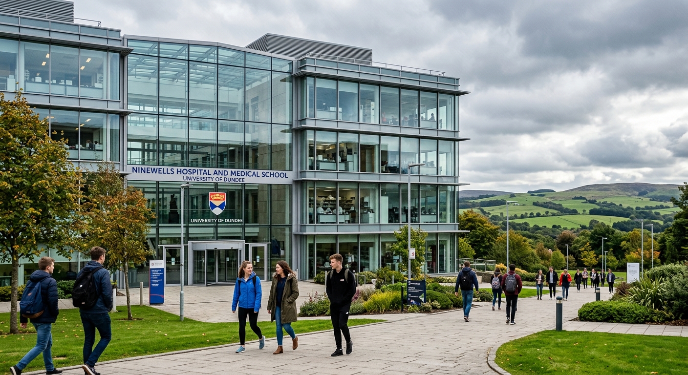 Ninewells Hospital and Medical School at the University of Dundee, modern medical research building with glass facade, students walking on campus pathway, green Scottish landscape in background, overcast sky