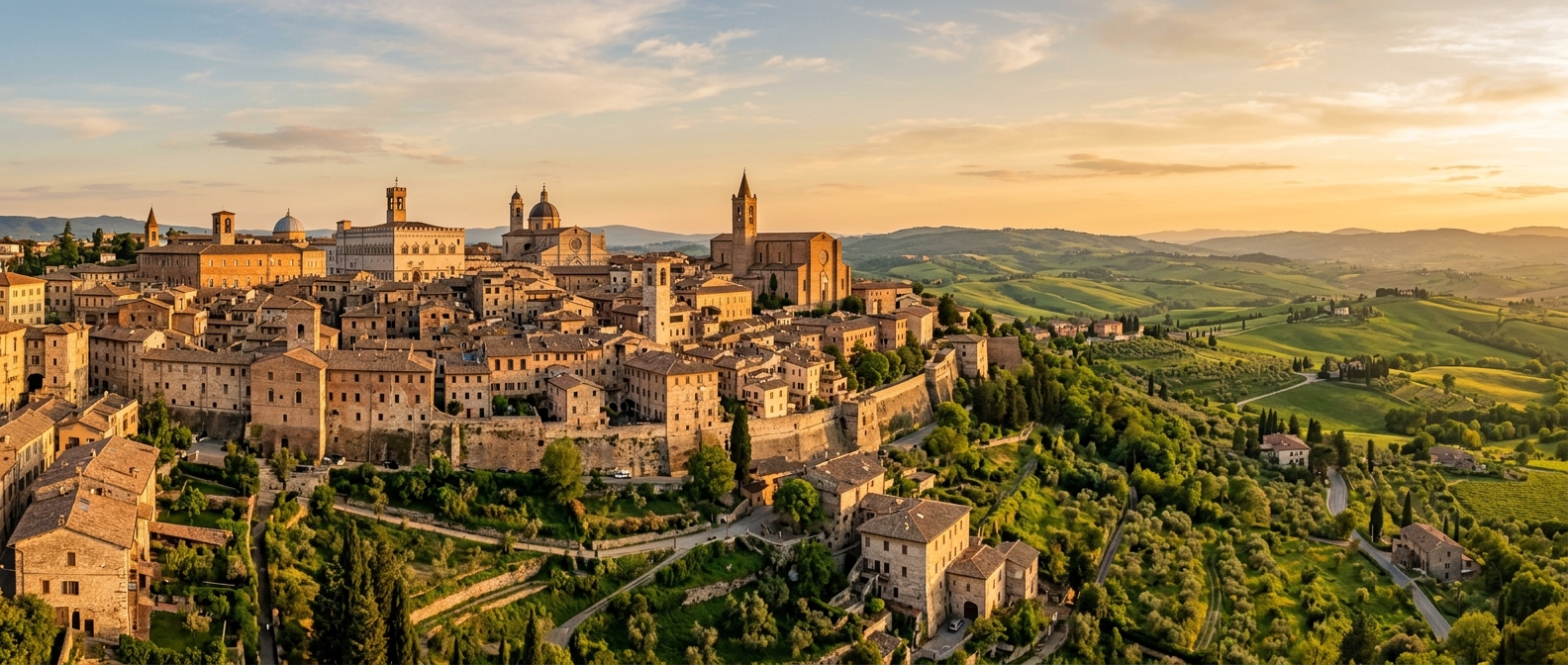 Panoramic view of University of Perugia historic buildings set against the medieval hilltop city of Perugia, Umbria region, terracotta rooftops, green rolling hills in the background, warm golden hour light