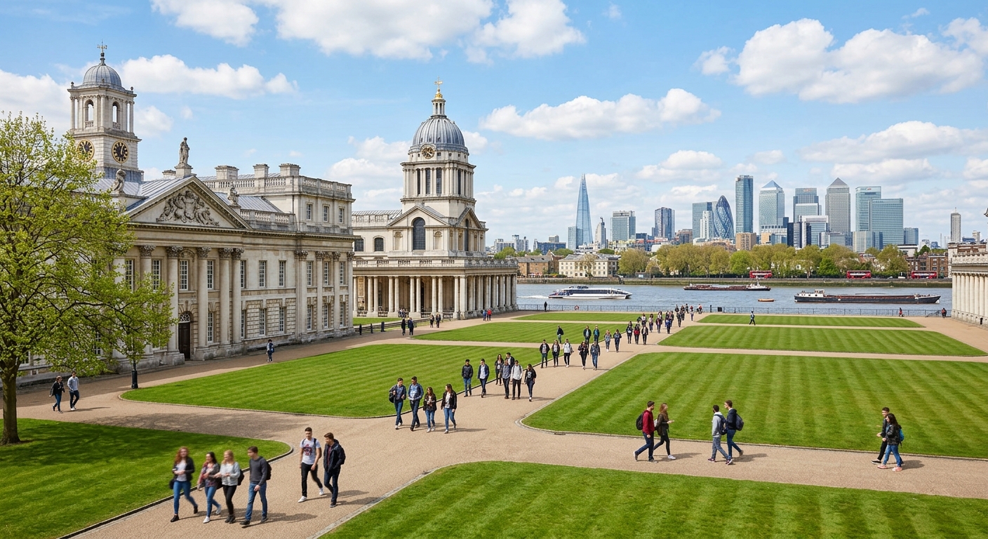 University of Greenwich historic campus at the Old Royal Naval College on the banks of the River Thames, baroque architecture with green lawns, students walking between heritage buildings under blue sky, London skyline in the background