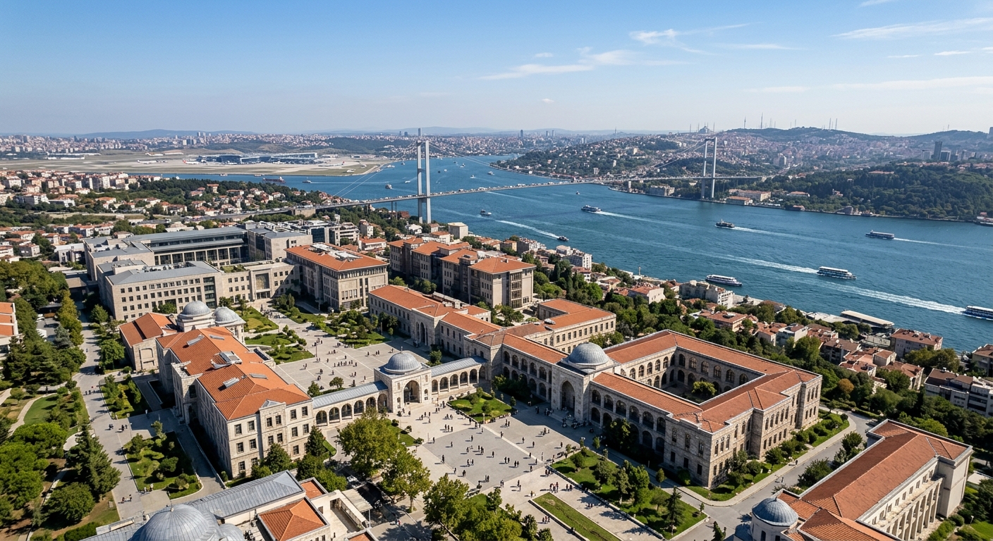 Aerial view of Istanbul skyline with Bosphorus bridge and modern airport terminal in the background, university campus buildings with Turkish architectural elements, students walking through courtyard, clear blue sky