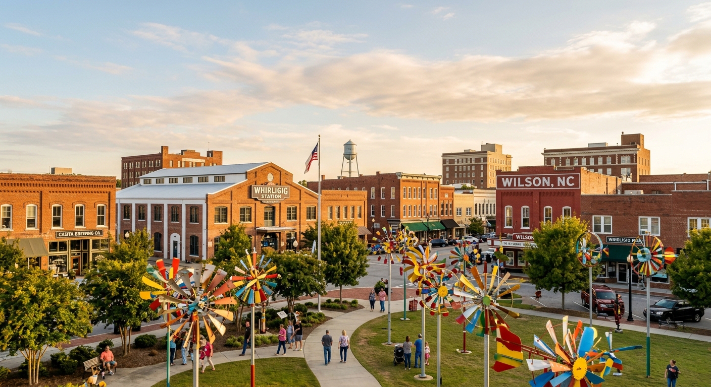 Downtown Wilson North Carolina skyline, Vollis Simpson Whirligig Park with colorful kinetic sculptures, historic brick buildings, small-town charm, warm afternoon light