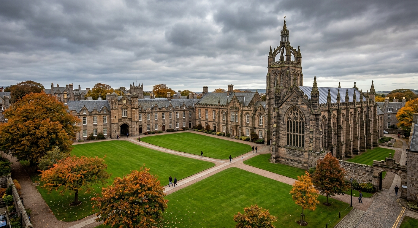 University of Aberdeen King's College campus wide shot, historic Crown Tower and chapel from 1500, granite buildings surrounding green quadrangle, Old Aberdeen setting with autumn trees, overcast Scottish sky