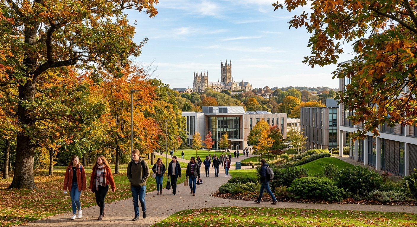 University of Kent Canterbury campus with modern academic buildings set among green parkland, historic Canterbury Cathedral visible in the background, students walking along tree-lined pathways on a bright autumn day