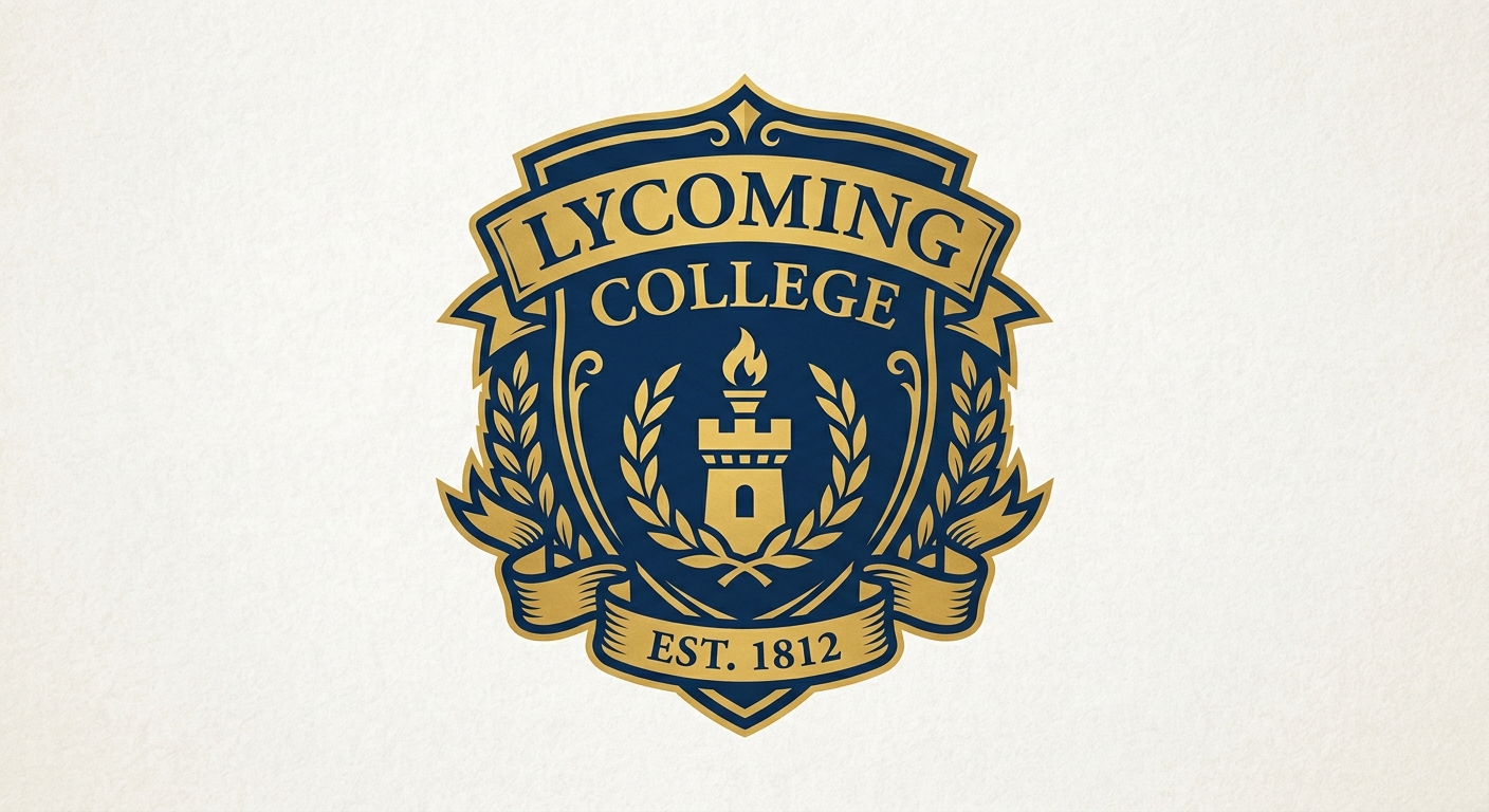Lycoming College official logo, navy blue and gold shield emblem with college name in serif font