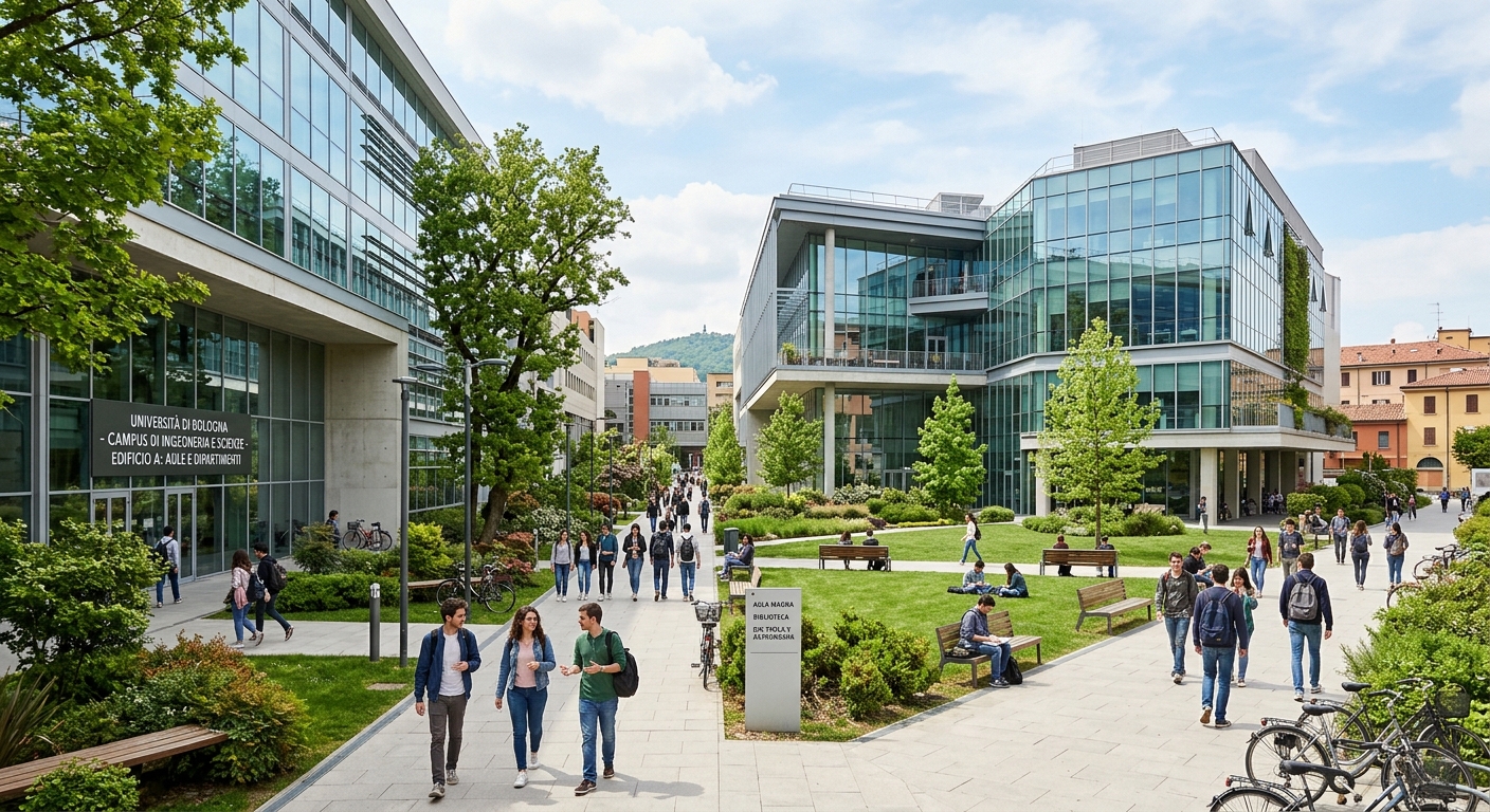 Modern University of Bologna engineering and science campus building with glass facades, green courtyards, and students walking between contemporary lecture halls