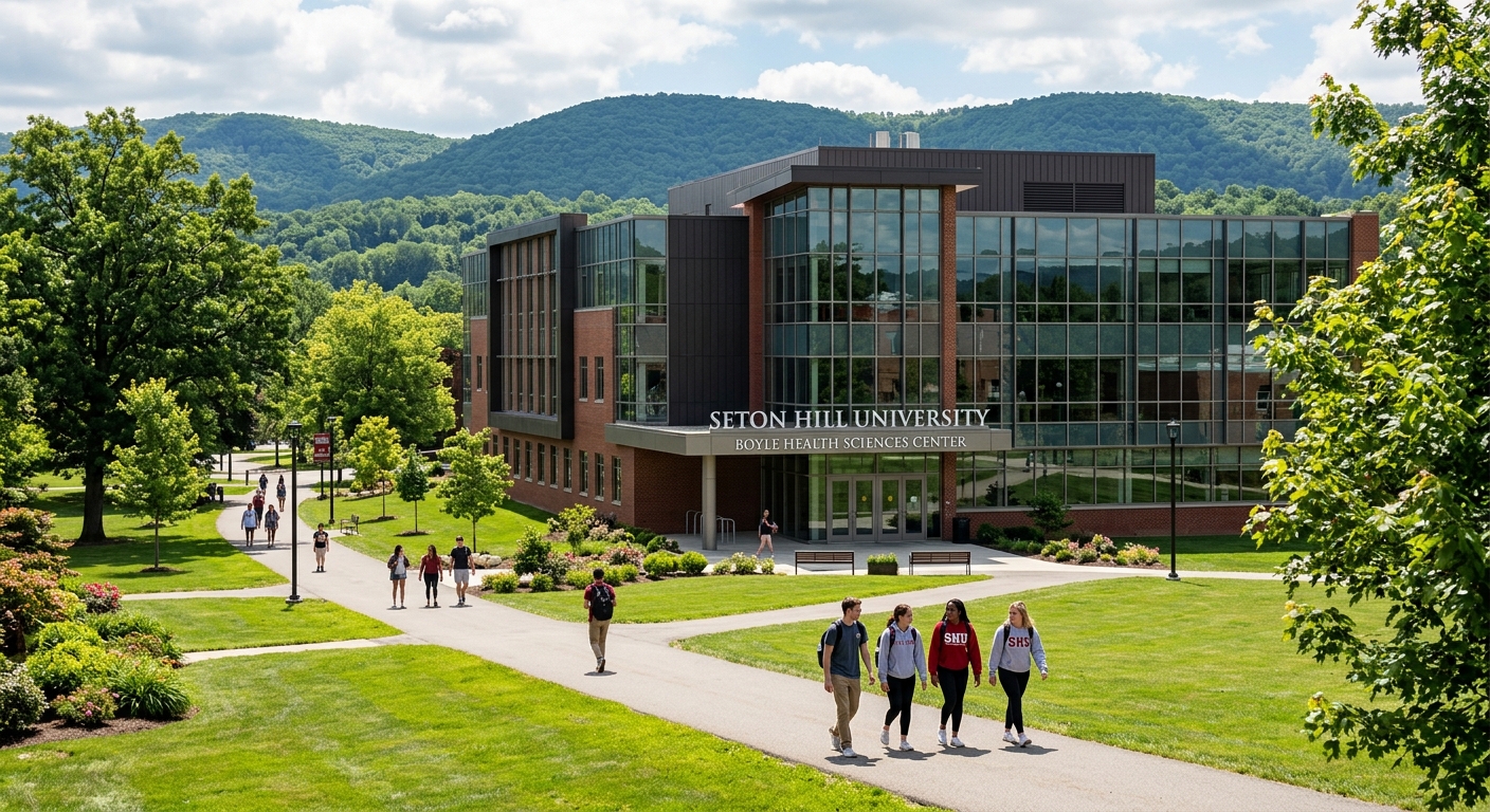 Seton Hill University Boyle Health Sciences Center exterior with modern glass facade, green campus lawns, students walking along tree-lined paths, Laurel Highlands of Pennsylvania in the background