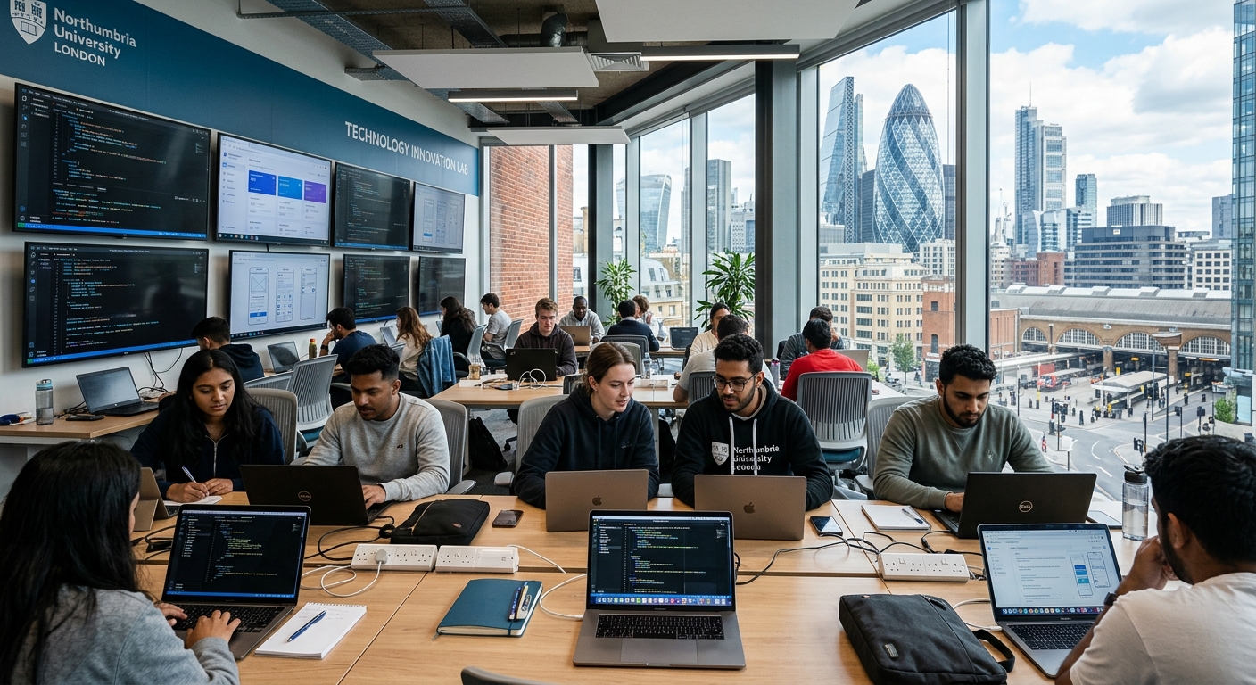 Modern Northumbria University London campus building near Liverpool Street, students working on laptops in a bright technology lab with multiple screens displaying web and mobile application code, contemporary urban London setting