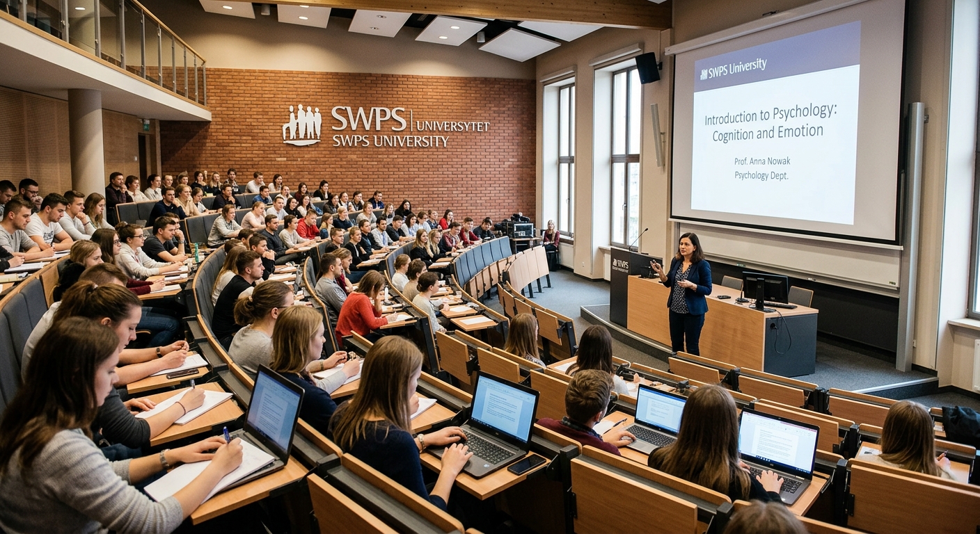 SWPS University modern lecture hall, tiered seating, professor presenting on large screen, students taking notes, contemporary interior design with exposed brick accents