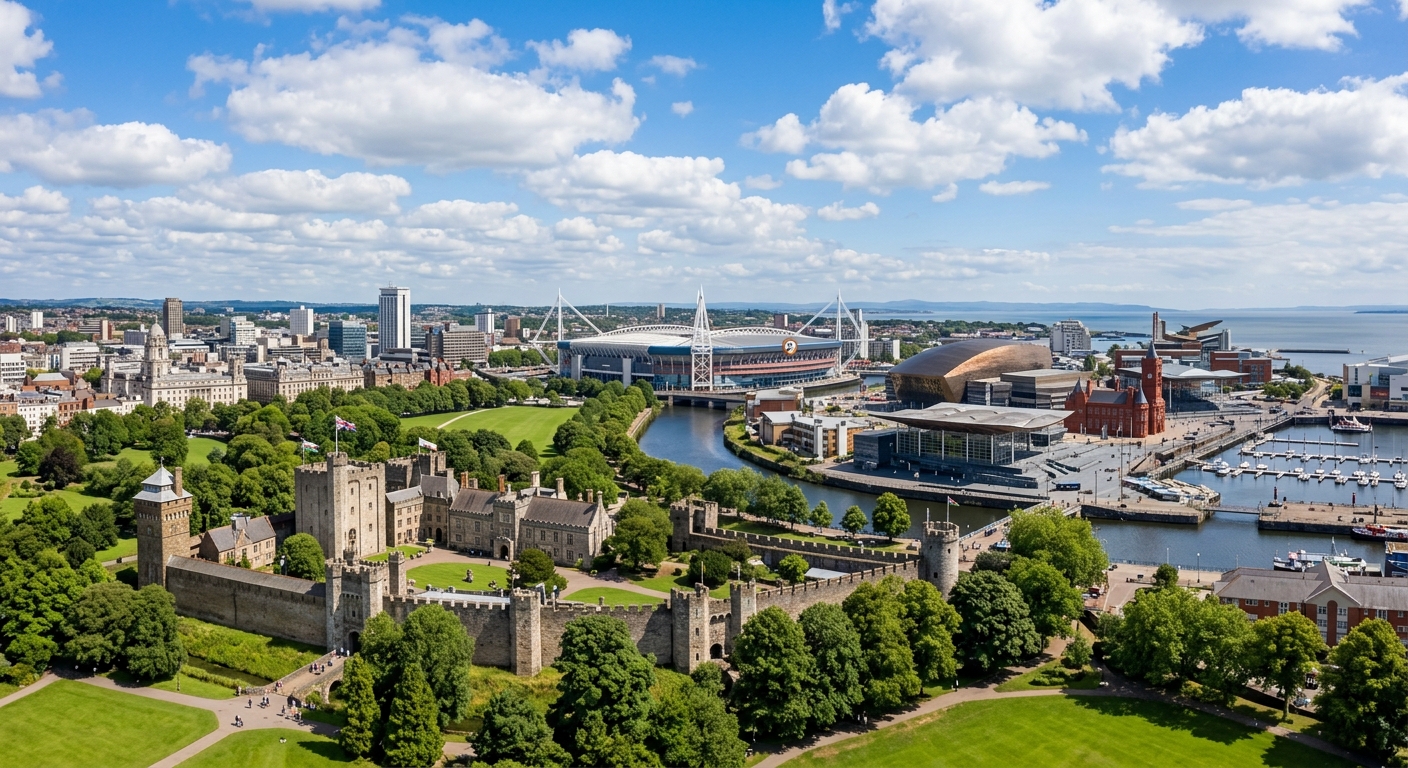 Cardiff city skyline featuring Cardiff Castle in foreground, Principality Stadium dome visible, modern waterfront buildings of Cardiff Bay, green parkland, blue sky with scattered clouds