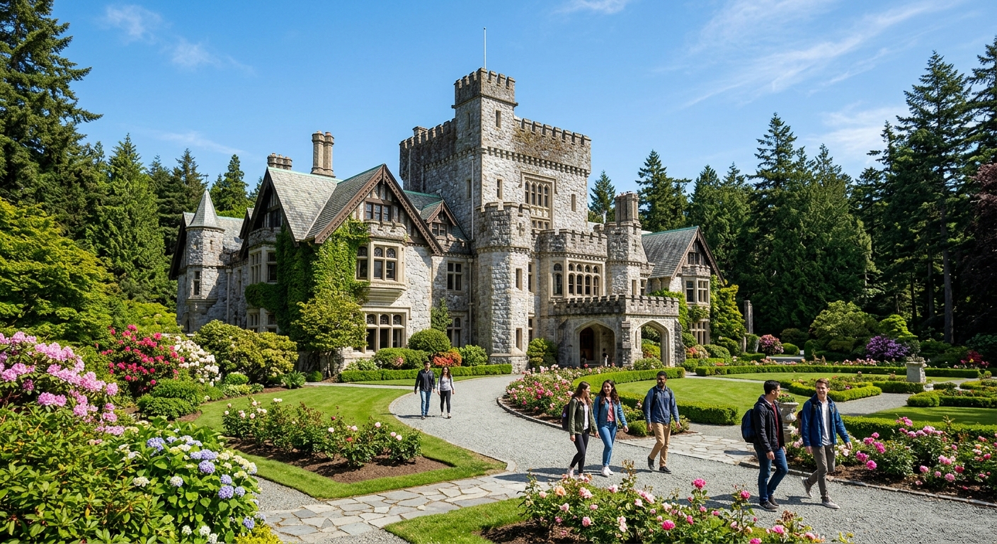 Historic Hatley Castle at Royal Roads University campus in Victoria, British Columbia, surrounded by lush green gardens and tall evergreen trees, with students walking along pathways on a clear day