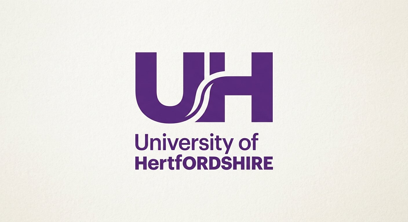 University of Hertfordshire official logo, stylized UH monogram in purple and white, modern sans-serif typeface