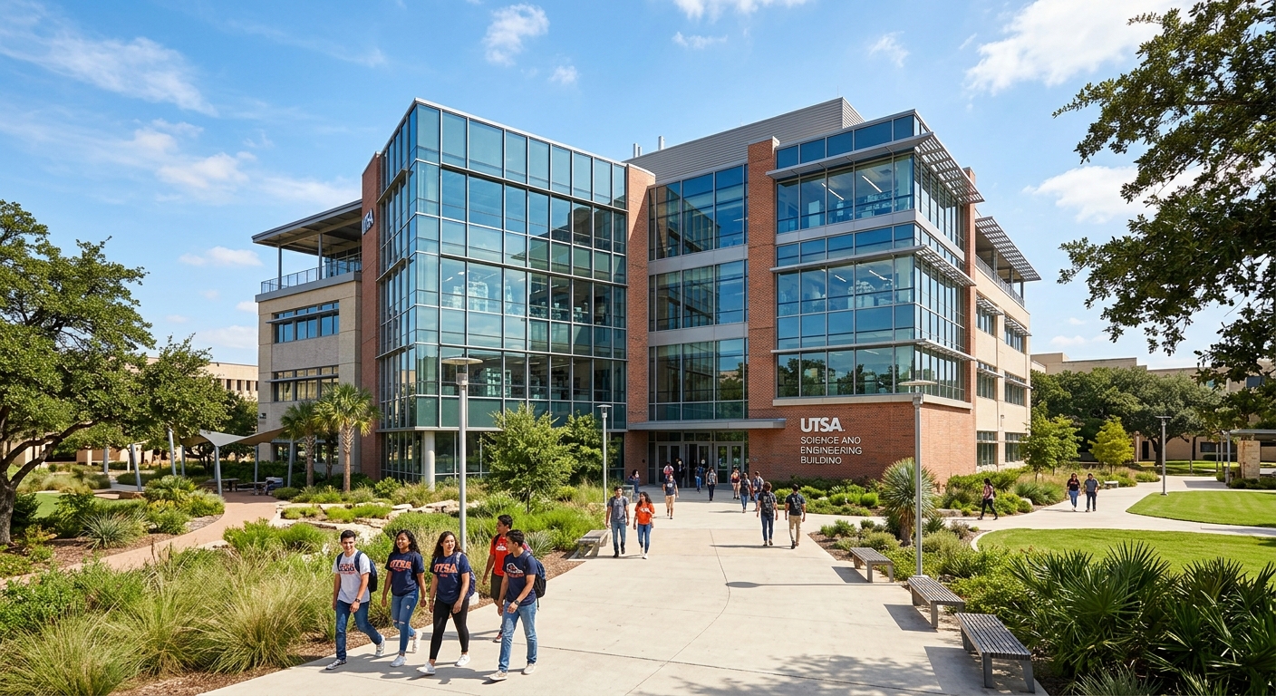 UTSA Science and Engineering Building exterior, a modern multi-story research facility with glass facades and landscaped grounds under sunny Texas skies