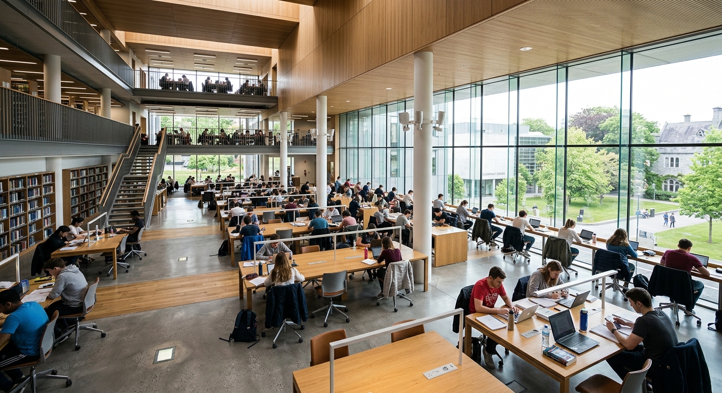 Boole Library interior at University College Cork, modern open-plan study spaces, students at desks, large windows with natural light
