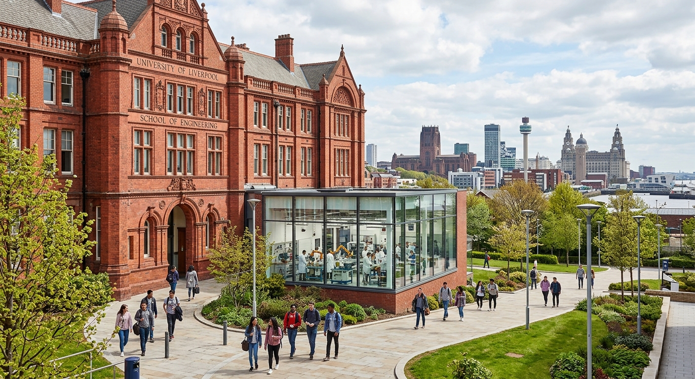 University of Liverpool School of Engineering building with red brick Victorian architecture, students walking across campus, modern engineering laboratories visible through large windows, Liverpool cityscape in background