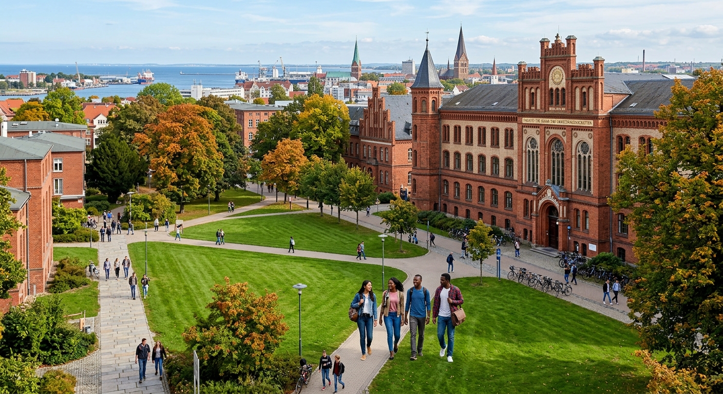 University of Rostock campus with historic brick buildings, green lawns, and students walking near the Faculty of Agriculture, Civil and Environmental Engineering, Baltic Sea coastal city in background