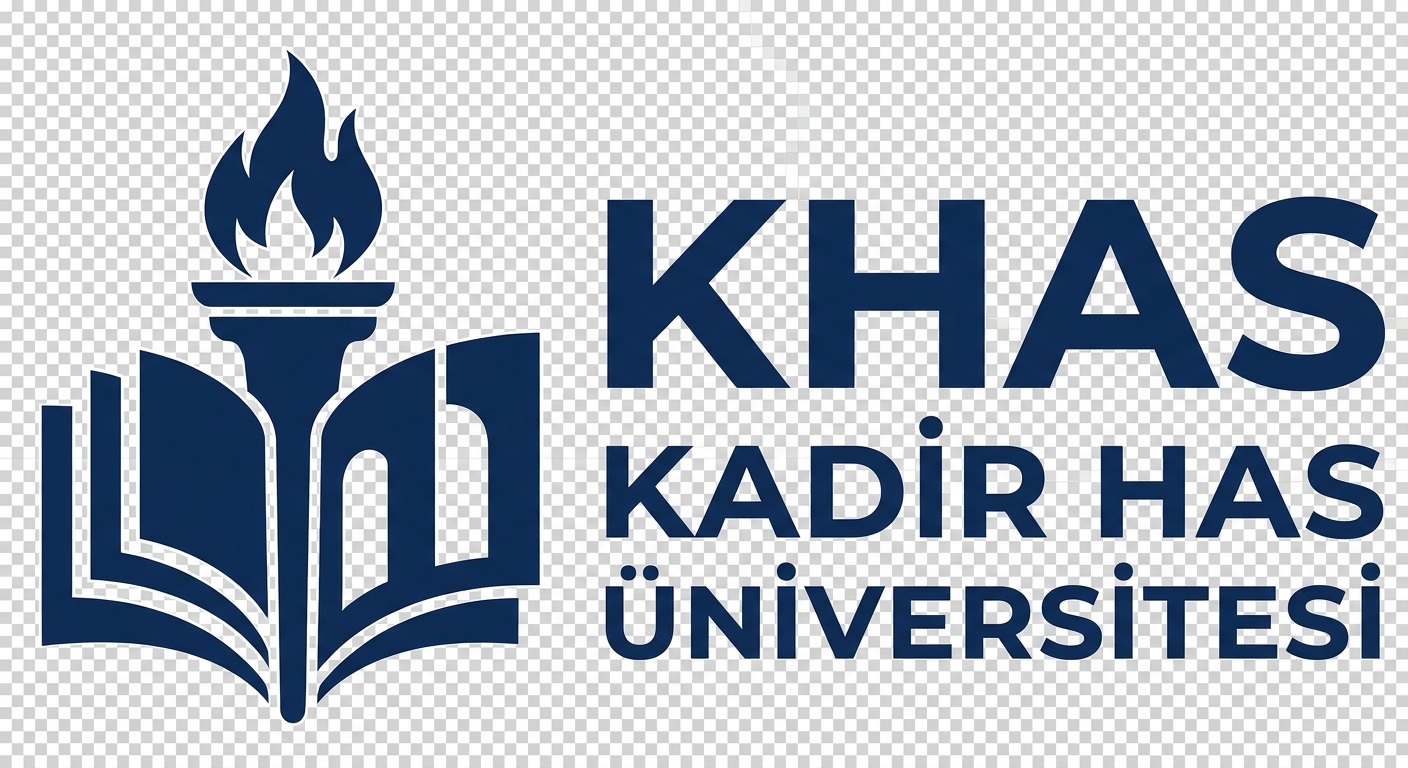 Kadir Has University official logo, dark blue and white text reading KHAS with university emblem, clean modern design on transparent background