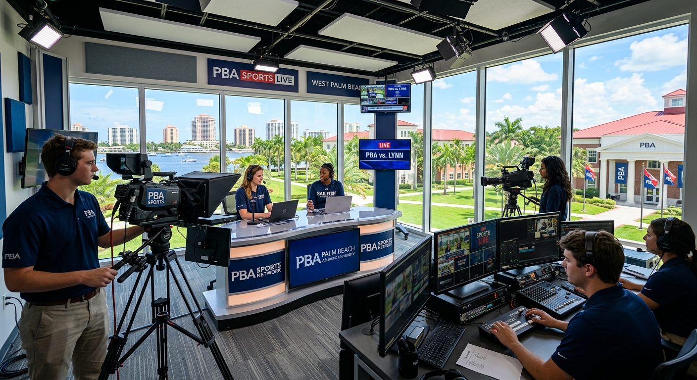 Modern sports broadcasting studio at Palm Beach Atlantic University with professional cameras, control room monitors, students operating broadcast equipment, and tropical West Palm Beach campus visible through windows