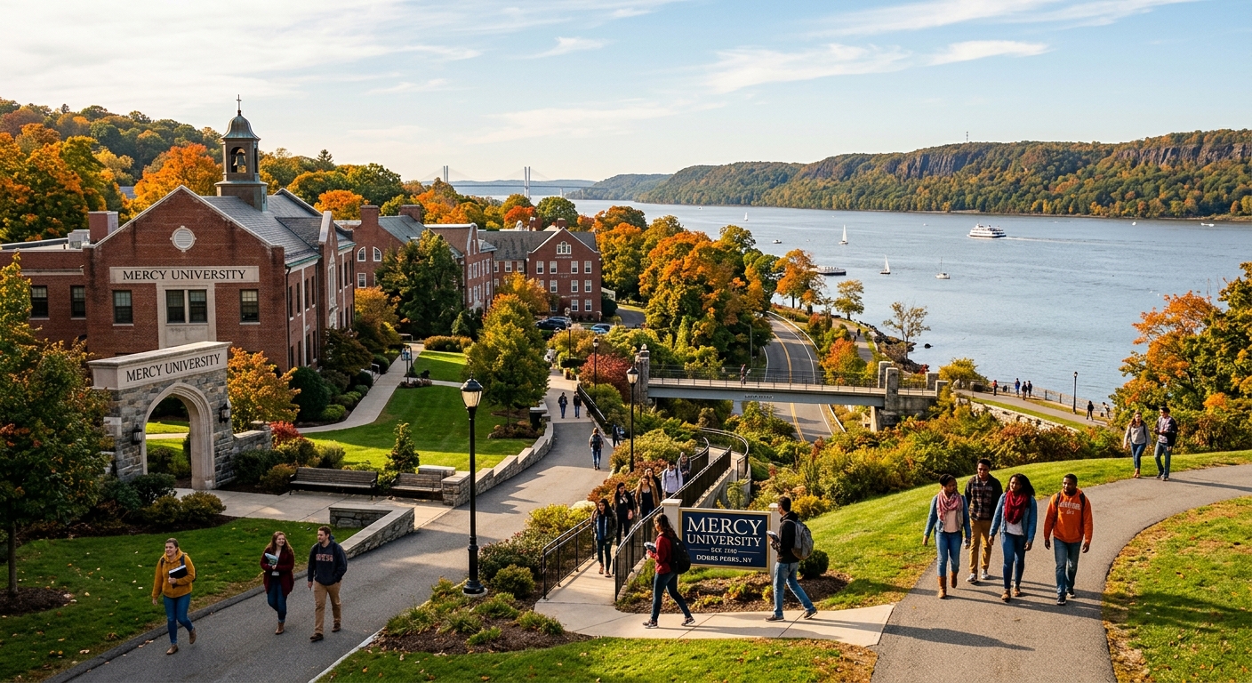 Mercy University campus in Dobbs Ferry, New York, with brick academic buildings surrounded by green trees, students walking along pathways near the Hudson River, warm autumn sunlight