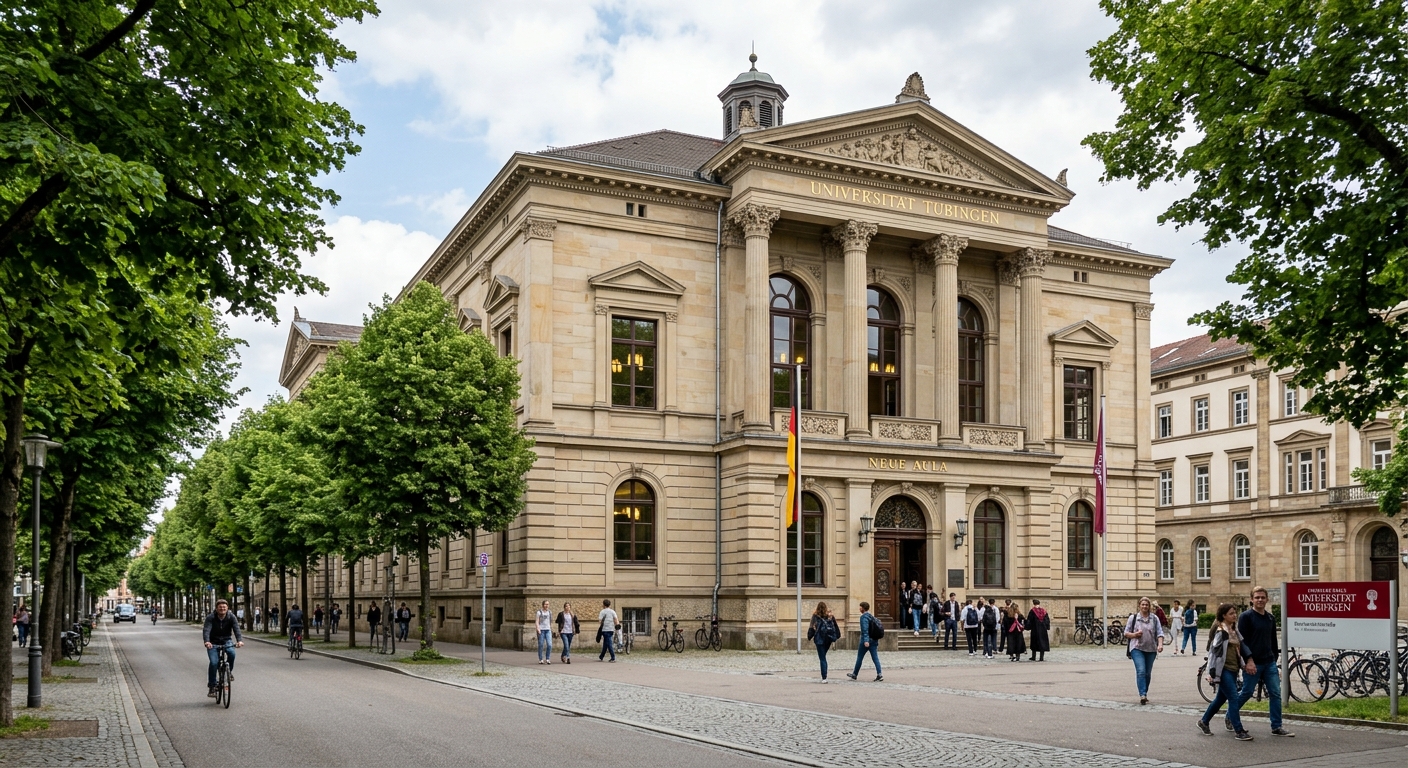 The historic Neue Aula building on Wilhelmstraße with its neoclassical facade, large windows, and surrounding tree-lined avenue, serving as the main administrative and ceremonial building of the university