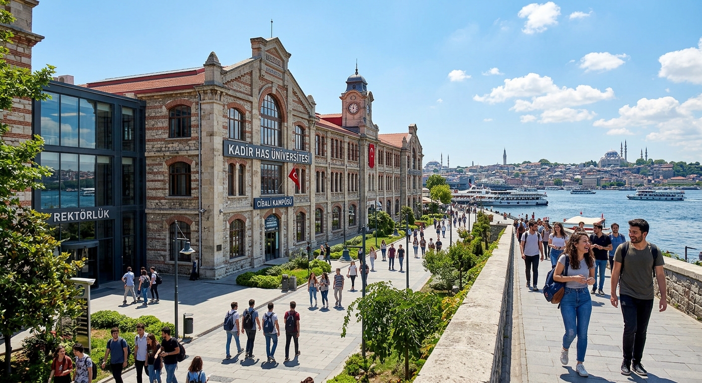 Kadir Has University historic Cibali Campus in Istanbul, restored Ottoman tobacco factory building along the Golden Horn waterfront, modern academic facilities with classical architecture, students walking on campus grounds under clear blue sky