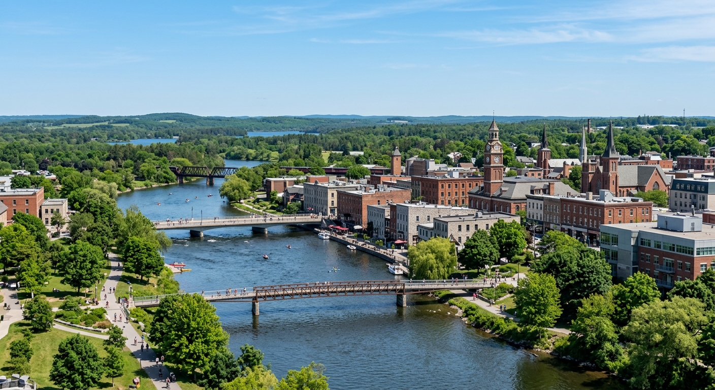 Scenic view of downtown Peterborough Ontario Canada along the Otonabee River, with historic buildings, pedestrian bridges, lush green trees, and the Kawartha Lakes region in the distance under a clear blue sky